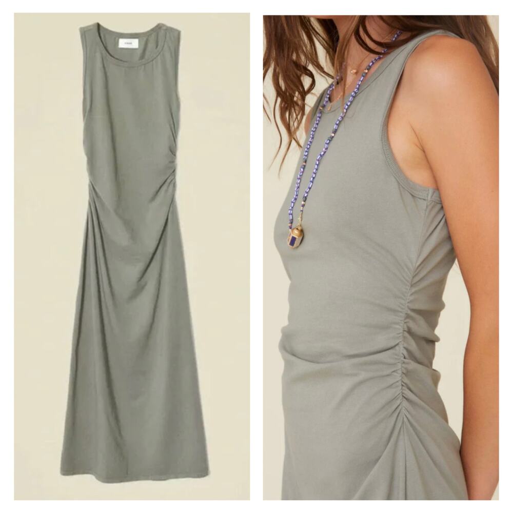 XiRENA Womens Pia Sleeveless Maxi Dress Size L Olive Sprig Cotton Ruched Stretch